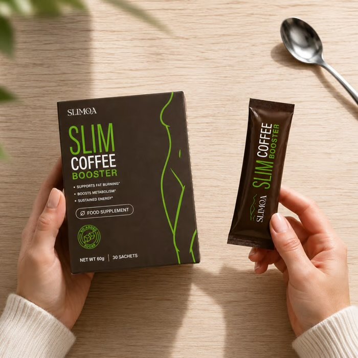 Slimqa Slim Coffee Booster – Box und Sachet auf dem Tisch